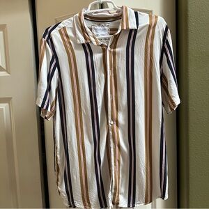 Denim & Flower Striped Shirt - White, Brown, Black, Men’s M